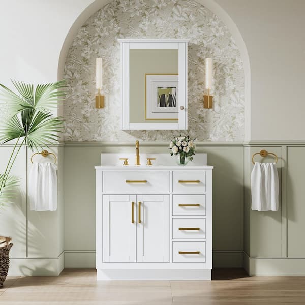 NORA 36 in. Freestanding White Solid Wood Bath Vanity with Pure White Cultured Marble Top, Soft-Close, Assembled
