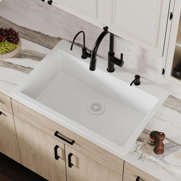 QT-812 Quartz 33 in. Large Single Bowl Drop-In Kitchen Sink in White