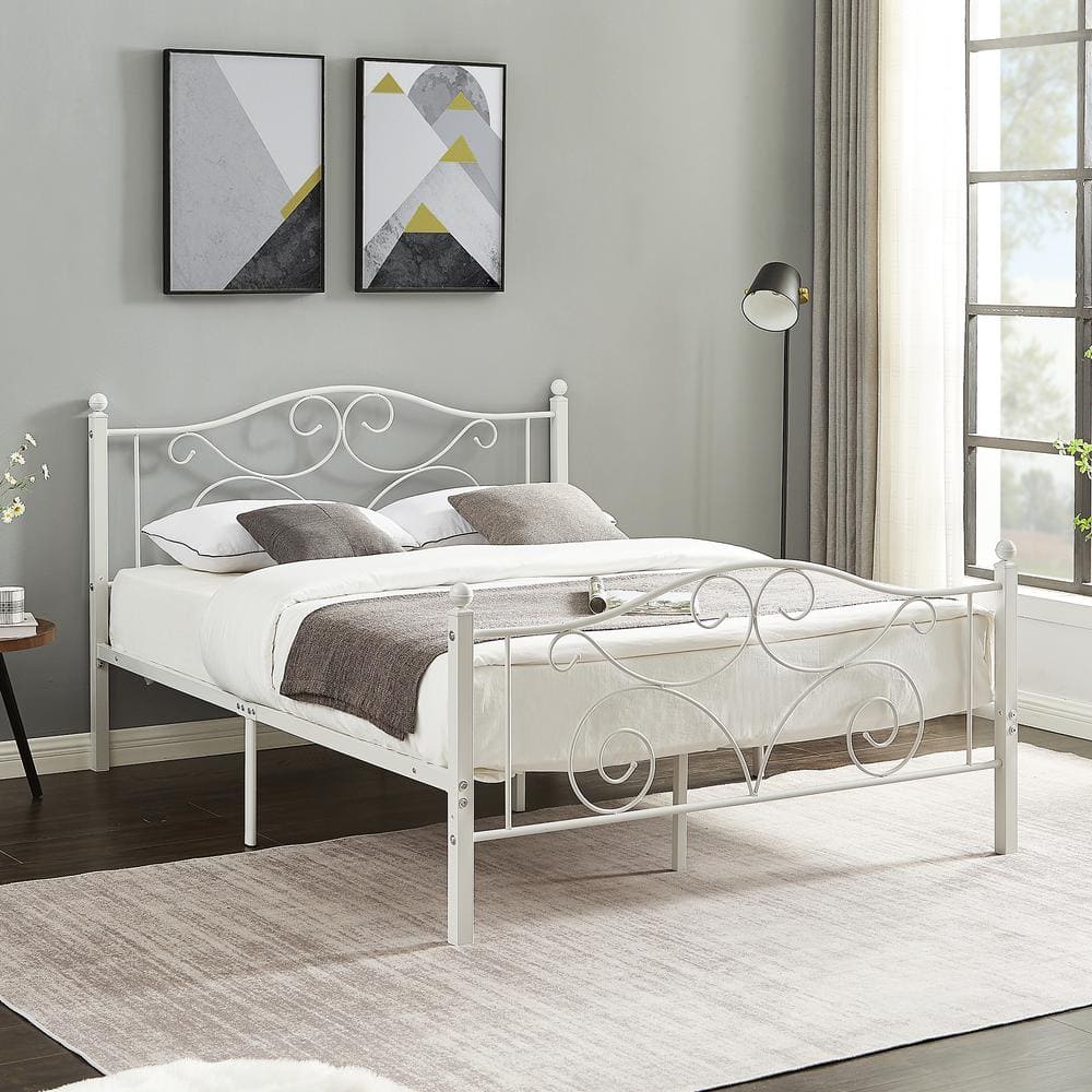 Elegant White Metal Full Size Platform Bed Frame with Headboard