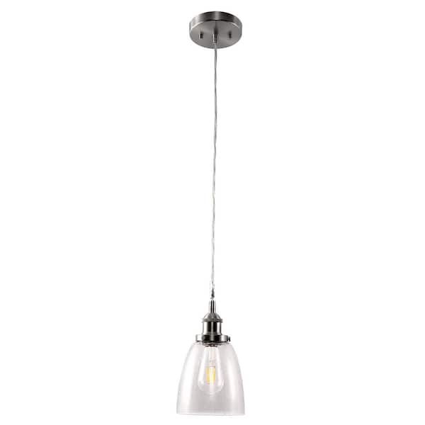 1-Light Brushed Nickel Industrial Glass Pendant Light, Hanging Ceiling Fixture for Kitchen, Bar, and Dining Room