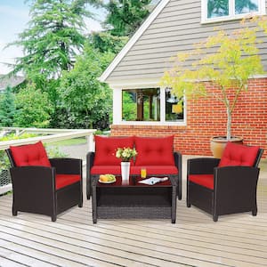 4-Pieces Outdoor Conversation Set Patio PE Rattan Set with Glass Table & Sofa Cushions Red