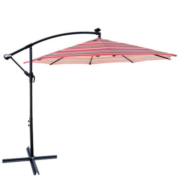 ITOPFOX 10 ft. Waterproof Outdoor Patio Market Umbrella with Solar Powered LED, Crank and Cross Base, Red Striped