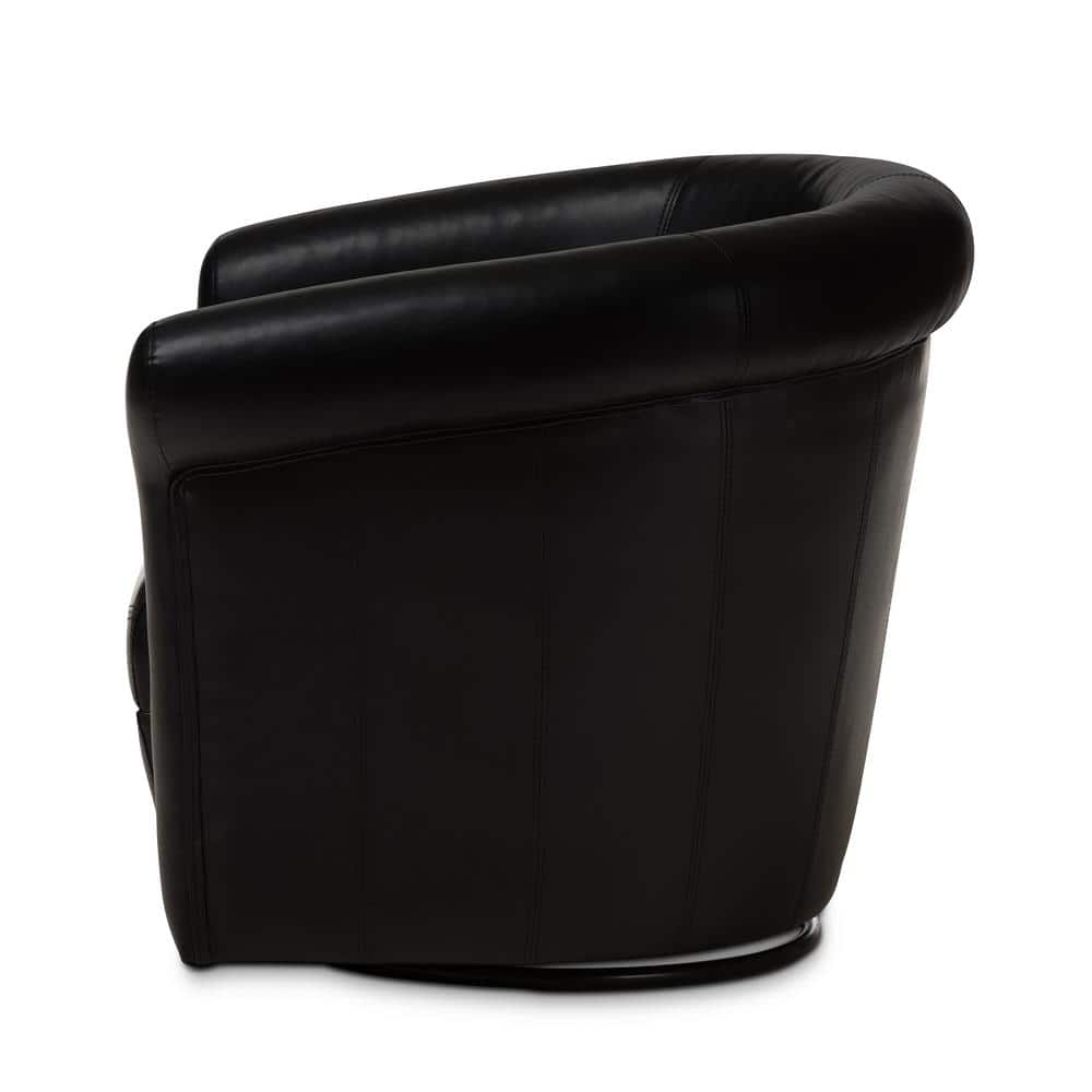 Swivel Barrel Accent Chair in Black Faux Leather with Wooden Frame