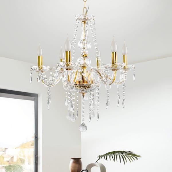 6-Light Gold Luxurious Candle Crystal Chandelier Pendant Light with K9 Modern Crystal