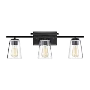 Calhoun 24 in. W x 8.75 in. H 3-Light Black Bathroom Vanity Light with Clear Tapered Cone Glass Shades
