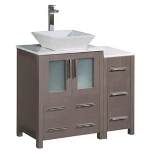 Torino 36 in. Bath Vanity in Gray Oak with Glass Stone Vanity Top in White with White Basin and 1 Side Cabinet