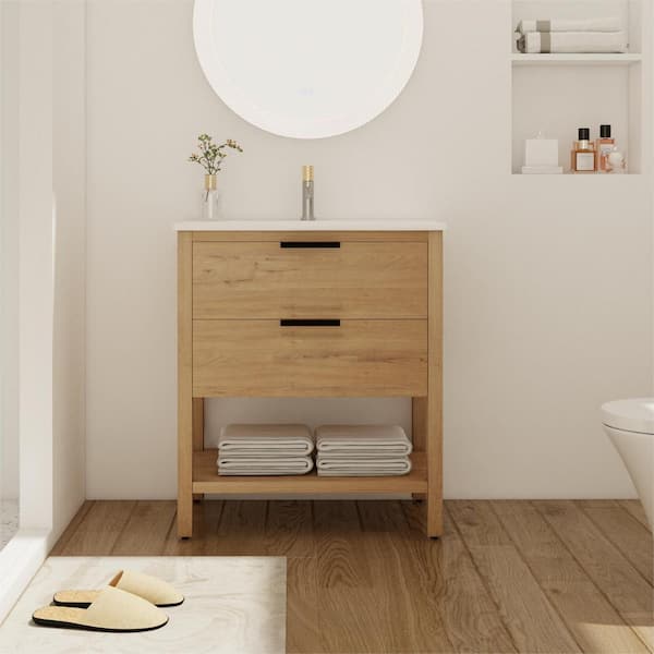 UPIKER Simply 30 in. W x 18.3 in. D x 33.50 in. H Single Sink Freestanding Bath Vanity in Imitative Oak with White Ceramic Top