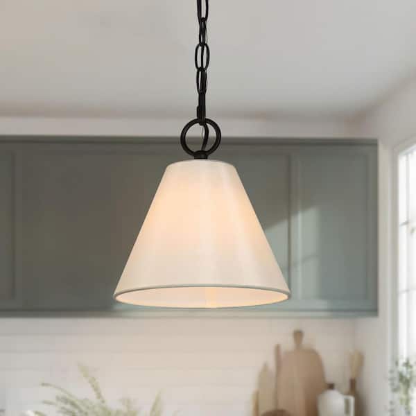 Modern White Pendant Light with Fabric Shade 1-Light Painted Black Minimalist Bell Hanging Light for Dining Room Kitchen