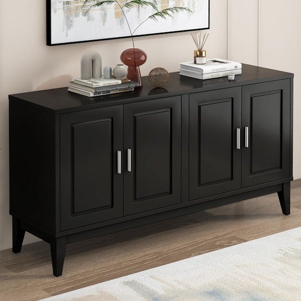 Black Wood MDF 60 in. Buffet Sideboard Dining Table Storage Cabinet with Adjustable Shelf for Living Room