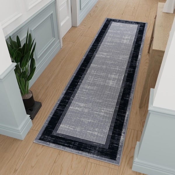 Ottohome Collection Gray/Navy 2 ft. 7 in. x 9 ft.10 in. Modern Bordered Design Nylon Area Rug