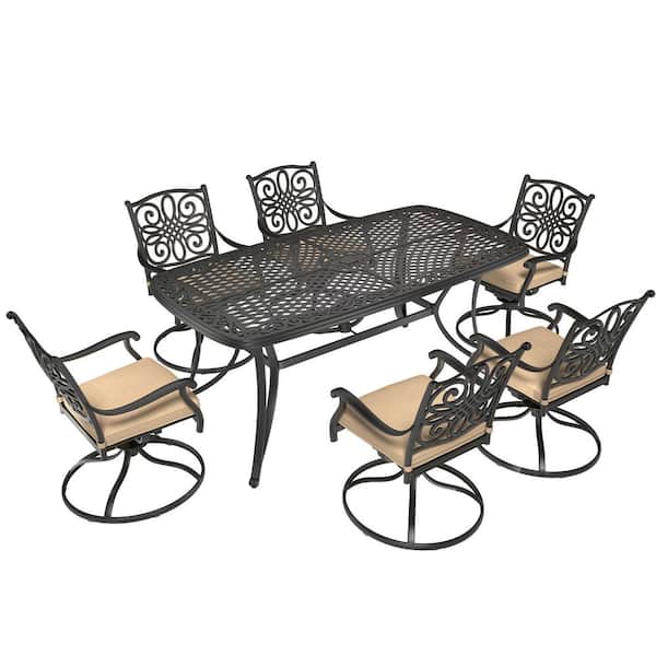 Mondawe Regal Haven 7-Piece Cast Aluminum Outdoor Dining Set with Rectangle Table Swivel Dining Chair with Brown Cushions