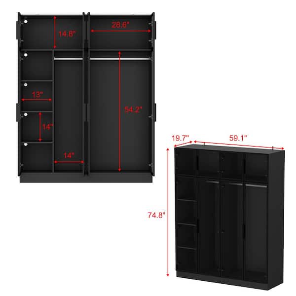 Glass Door Wardrobe Armoire Storage Closet with Light Display Cabinet - Black
