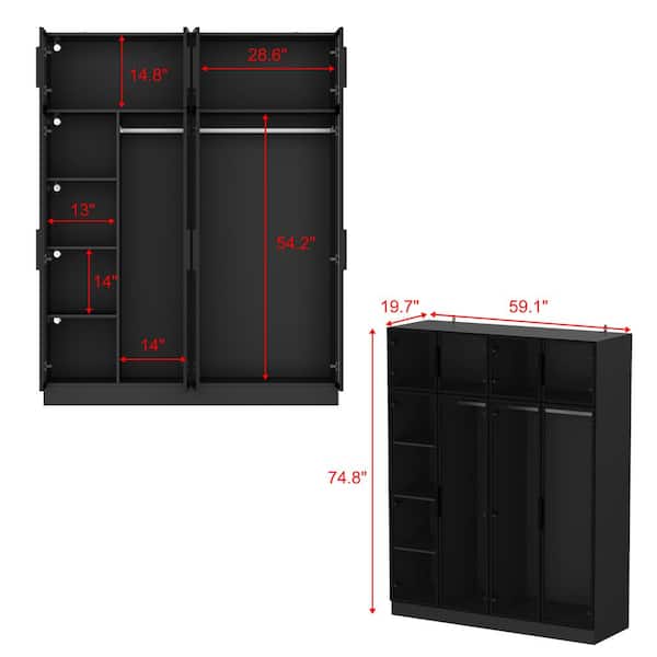 FUFU&GAGA Black Wood 59.1 in. W Tempered Glass Doors