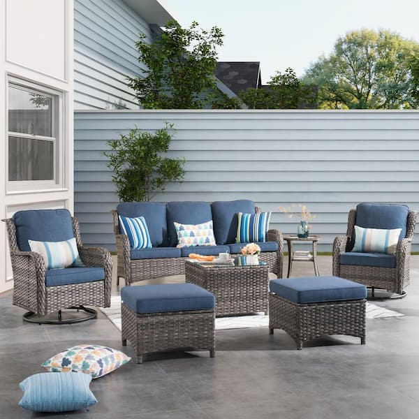 XIZZI Moonlight Gray 7-Piece Wicker Patio Conversation Seating Sofa Set with Denim Blue Cushions and Swivel Rocking Chairs