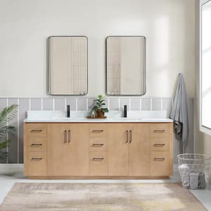 San 84 in.W x 22 in.D x 33.8 in.H Double Sink Bath Vanity in Fir Wood Brown with White Composite Stone Top and Mirror