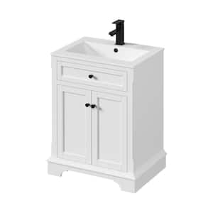 24 in. W x 18.7 in. D x 34 in. H 1-Sink Freestanding Bath Vanity in White With White Ceramic Top and Drain Faucet Set