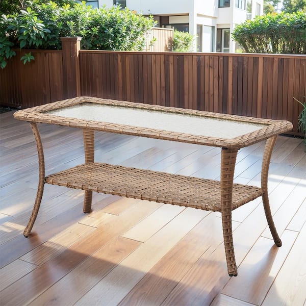 moosprr Yellow Rectangle Wicker Outdoor Side Table with Tempered Glass Top and Storage Space