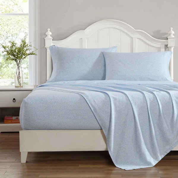 Little Vines Novelty 4-Piece Blue/White Sateen King Sheet Set