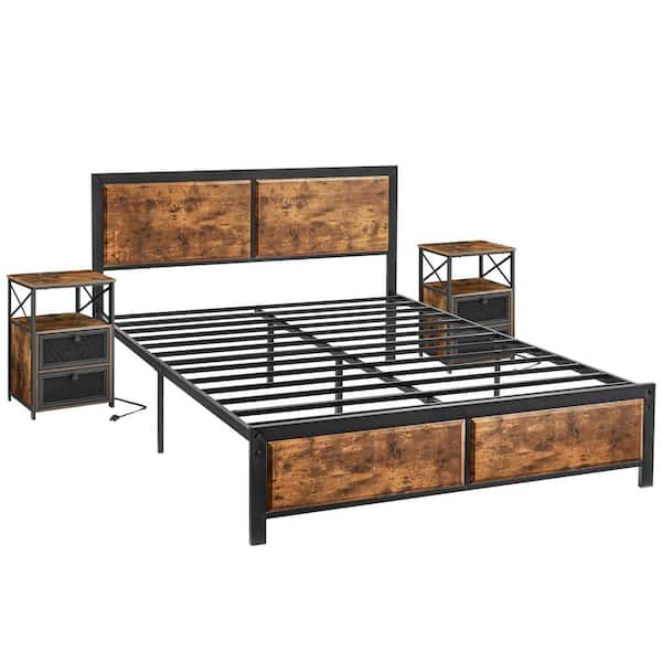 VECELO Brown Wood plus Metal Panel Queen Platform Bed Frame and Dual Black Nightstands 3-Piece Bedroom Set w/USB Charging Ports