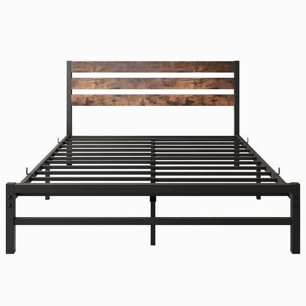 Black Metal Frame Queen Size Platform Bed with Rustic Vintage Brown Wooden Headboard, No Box Spring Needed