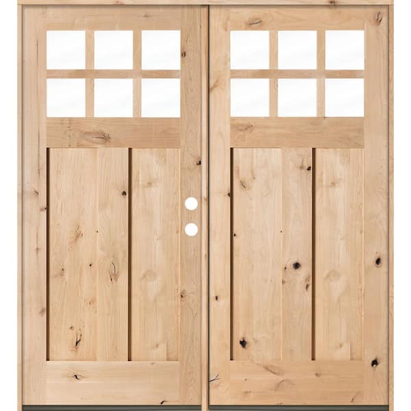 72 in. x 80 in. Craftsman Knotty Alder Left-Hand/Inswing Double 6-Lite Clear Glass Unfinished Wood Prehung Front Door