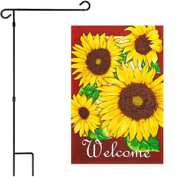 1 ft. x 1.5 ft. Polyester Welcome 4-Sunflowers with 3 ft. Black Iron Flagpole