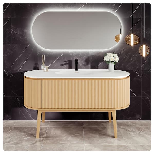 Haven 55 in. Single Sink Natural Oak Bath Vanity with White Solid Surface Top (Assembled)