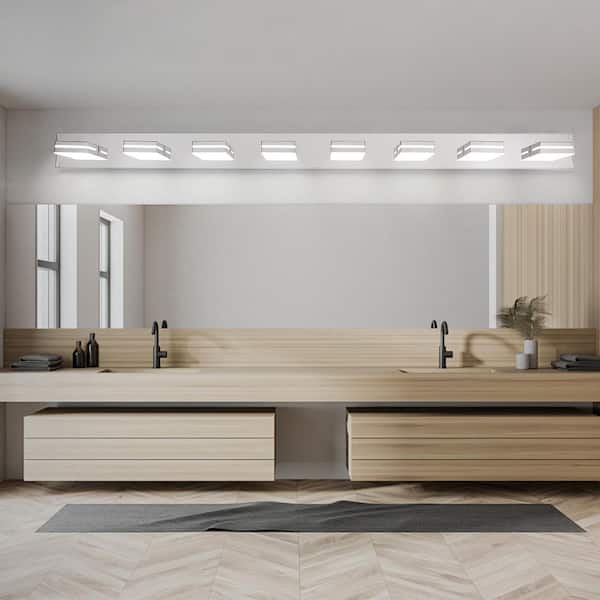 63 in. W 8 Light LED Vanity Light Chrome Wall Sconce Dimmable Light Fixture for Bathroom Mirror Vanity Table
