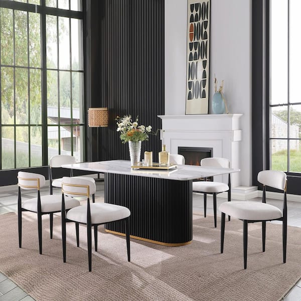 Magda 7-Piece Faux Marble Wood Top Dining Set with Beige+Black Upholstered Chairs, Rectangle Dining Table, Seats 6