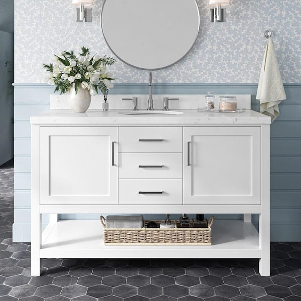 ARIEL Bayhill 54.25 in. W x 22 in. D x 36 in. H Single Sink Freestanding Bath Vanity in White with Man-Made Stone Top