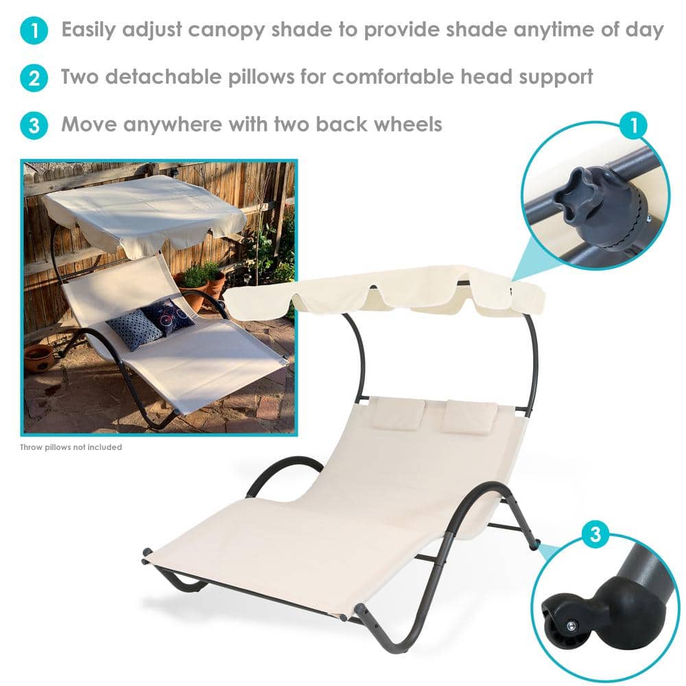 Beige Double Chaise Lounge with Canopy and Cushions