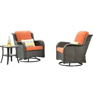 Oreille Brown 3-Piece Wicker Outdoor Patio Conversation Swivel Chair Set with a Side Table and Orange Red Cushions