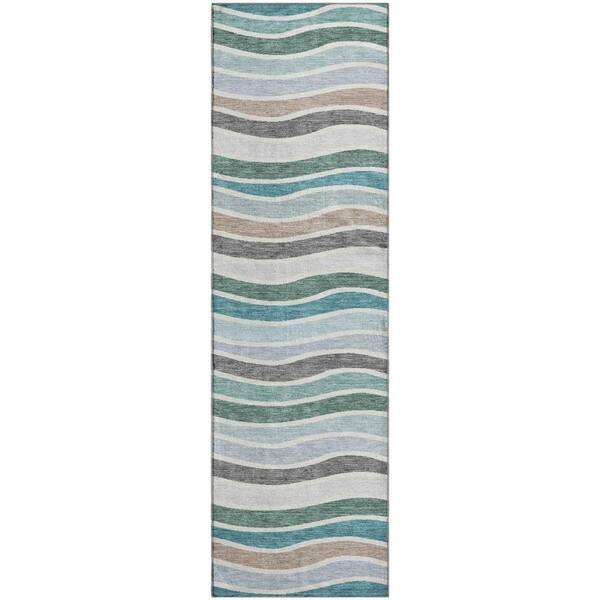 Mayfield Premium Machine Washable Abstract AMF2333 Teal 2 ft. x 7 ft. Runner Rug