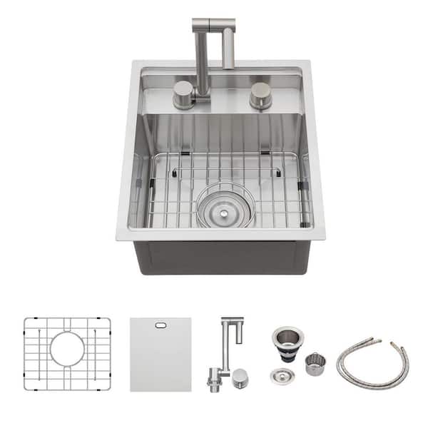 15 in. Undermount Bar Sink Brushed 16-Gauge Stainless Steel Sink with Folding Faucet