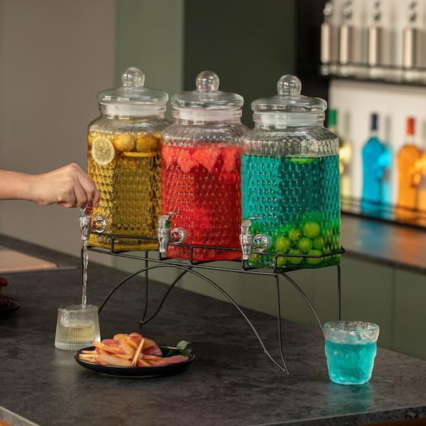Basicwise 3-Piece Glass Drink Dispenser Set with Metal Stand and