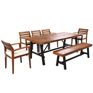 GO 7-Piece Wood Outdoor Dining Set with Washed and Removable White Cushion, Ergonomic Chairs And Bench, Thicker Table.