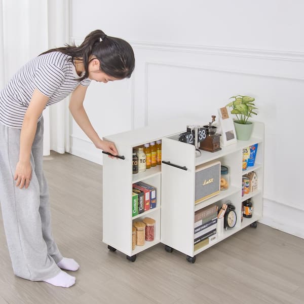 Rolling Library Book Cart with Lockable Wheels and Adjustable Shelves, Wood White Bookcase 25.5 in. Tall