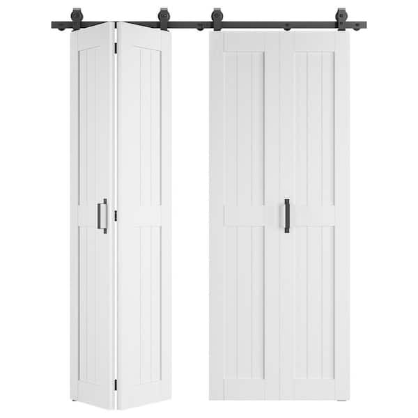 56 in. x 84 in. Bi-Fold Paneled H Shape White Finished MDF Composite Sliding Barn Door with Hardware Kit