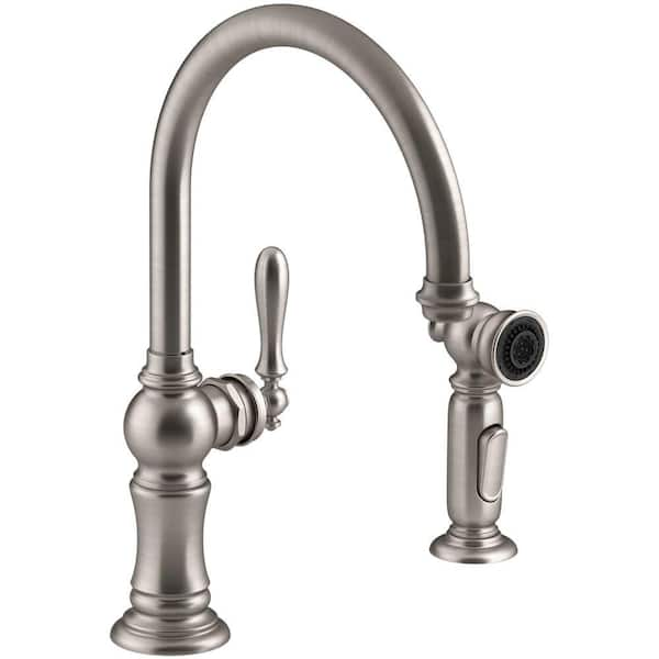 KOHLER Artifacts Single-Handle Standard Kitchen Faucet with Swing Spout and Side Sprayer in Vibrant Stainless