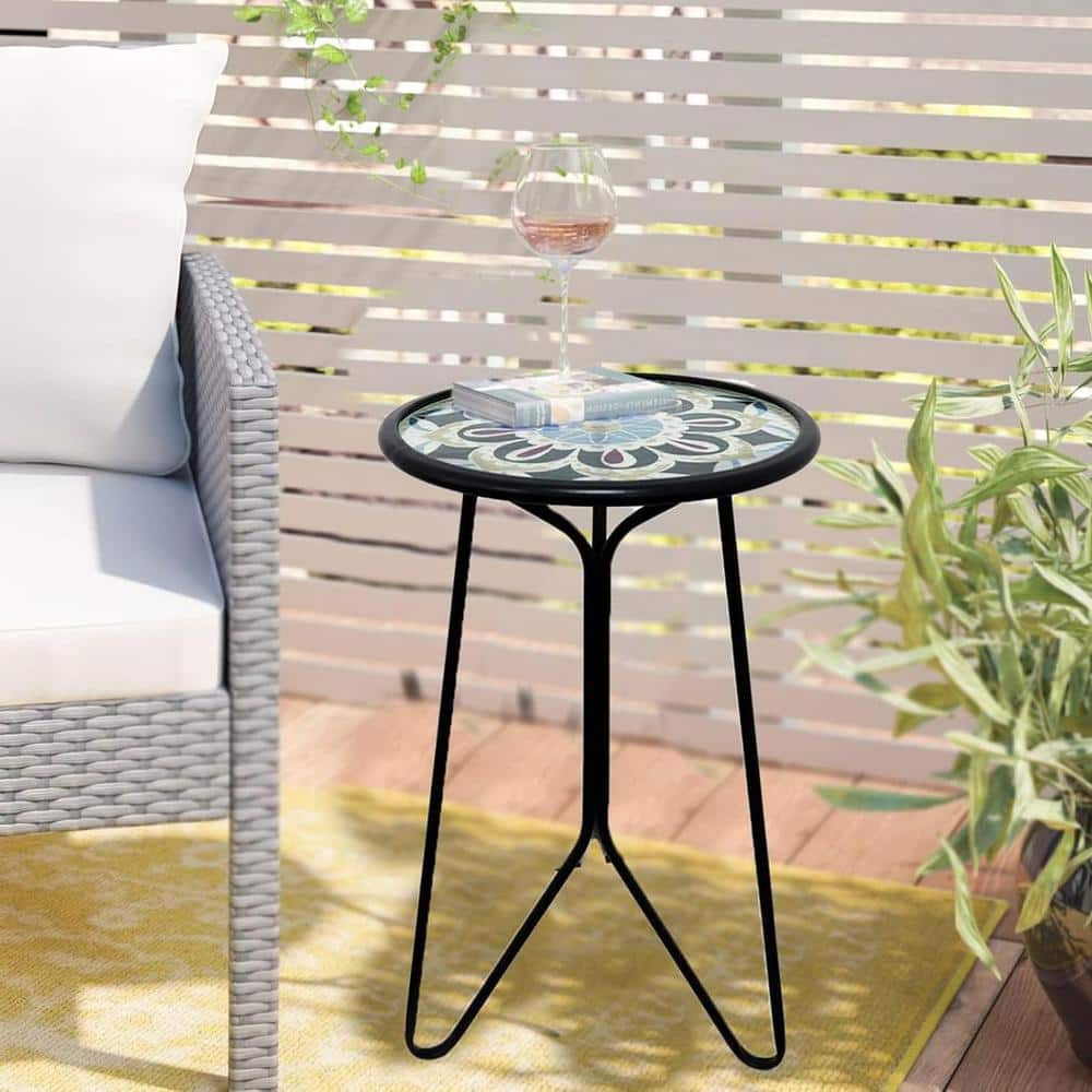 Metal & Glass Outdoor Side Table, 12 in. Weather Resistant Patio Accent Sid