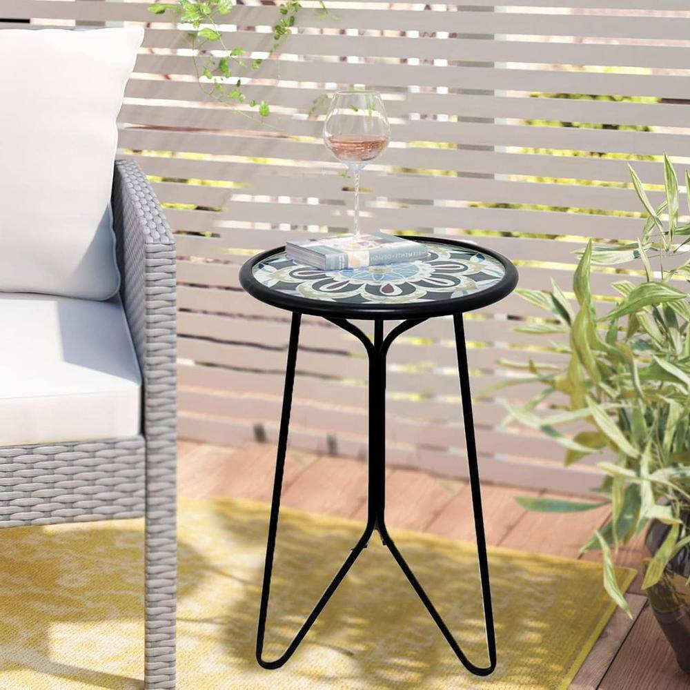 Outdoor Side Tables With Flower Cut Outs, Weather Resistant Steel Patio Side Table Small Round Outdoor End Table Metal Side Table For Patio Yard Balcony Garden Black W114760490