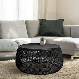 34 in. Matte Black Round Seagrass and Pine Wood Coffee Table