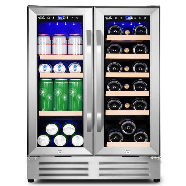 Velivi 24 in.Dual Zone 18-Wine Bottles and 88-Can Built-In and Freestanding with French Door Beverage Cooler in Stainless Steel