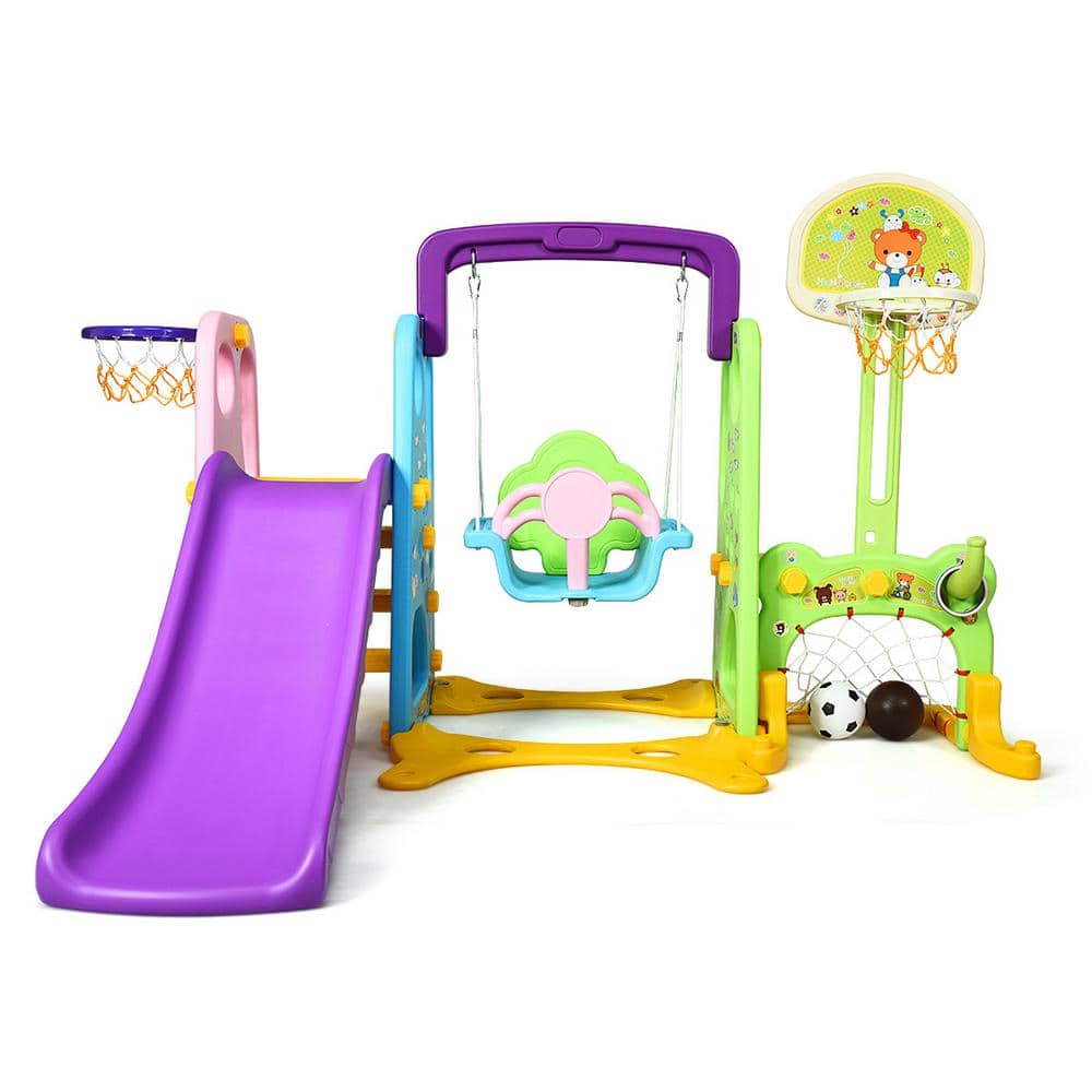 Dongfans Toddler Climber and Swing Set Freestanding 4 in 1 Toddler Climber and Swing Set Extra Long Slide and Ball Kids Play Climber Slide Playset with Basketball Hoop