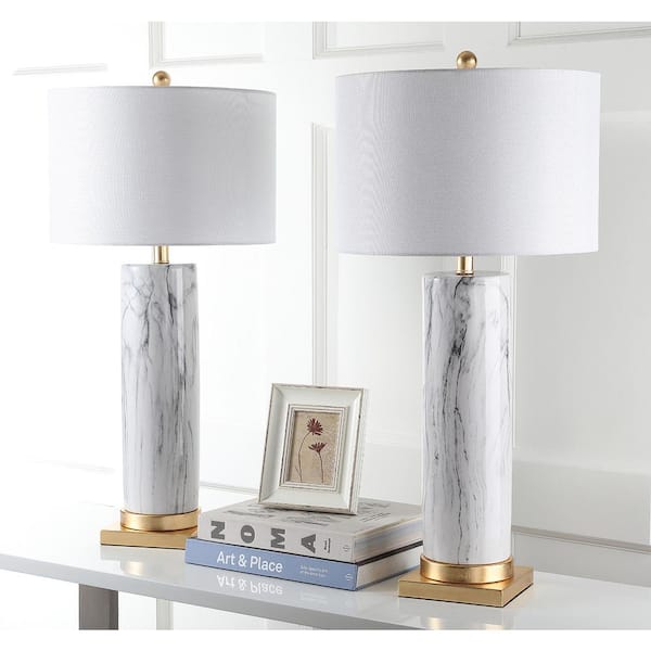 Sonia 31.25 Black/White Faux Marble Table Lamp with Off-White Shade (Set of 2)