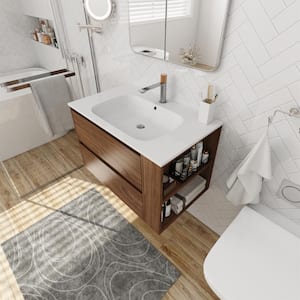 30 in. W Simplicity Modern Float Mounting Bathroom Vanity with Gel Sink and Side Shelf in Brown