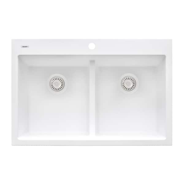 Ruvati epiGranite 33 in. Drop-in Topmount Double Bowl Kitchen Sink in Arctic White Granite Composite with low divide