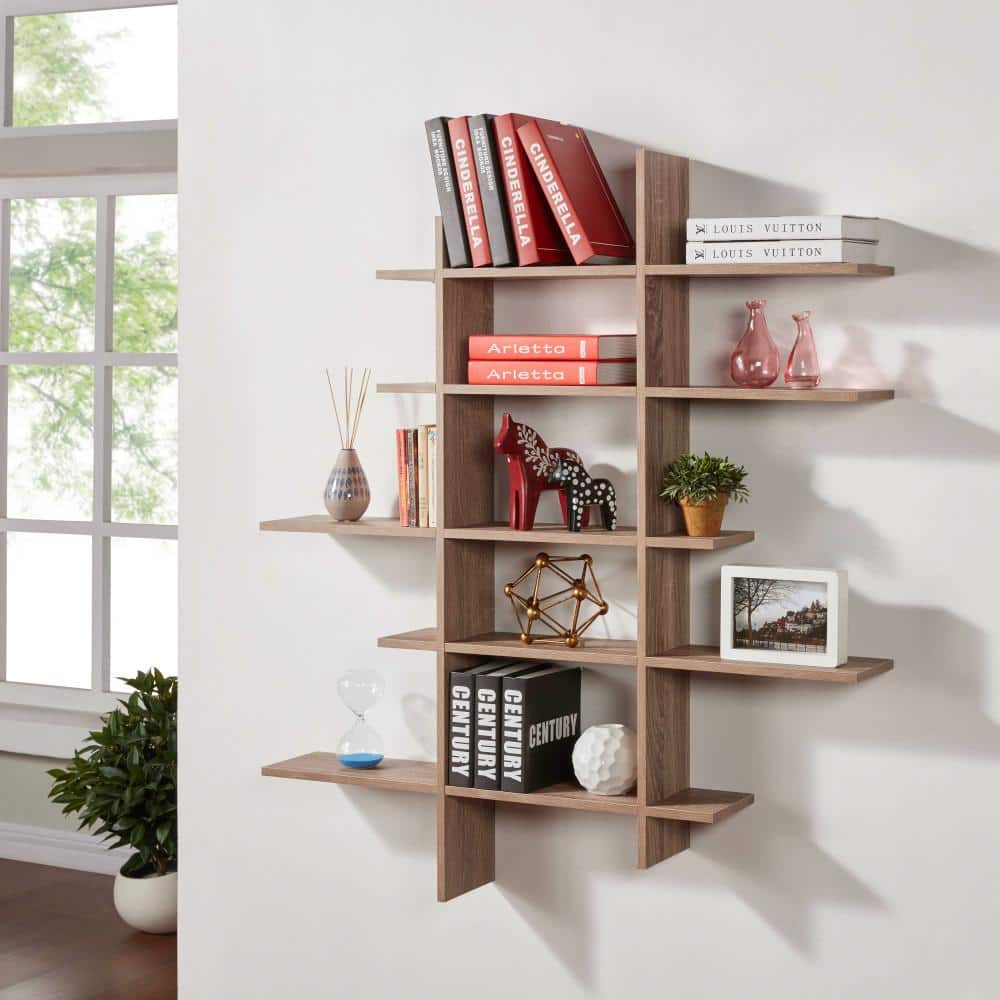 Weathered Oak Asymmetric Floating Wall Shelf Unit