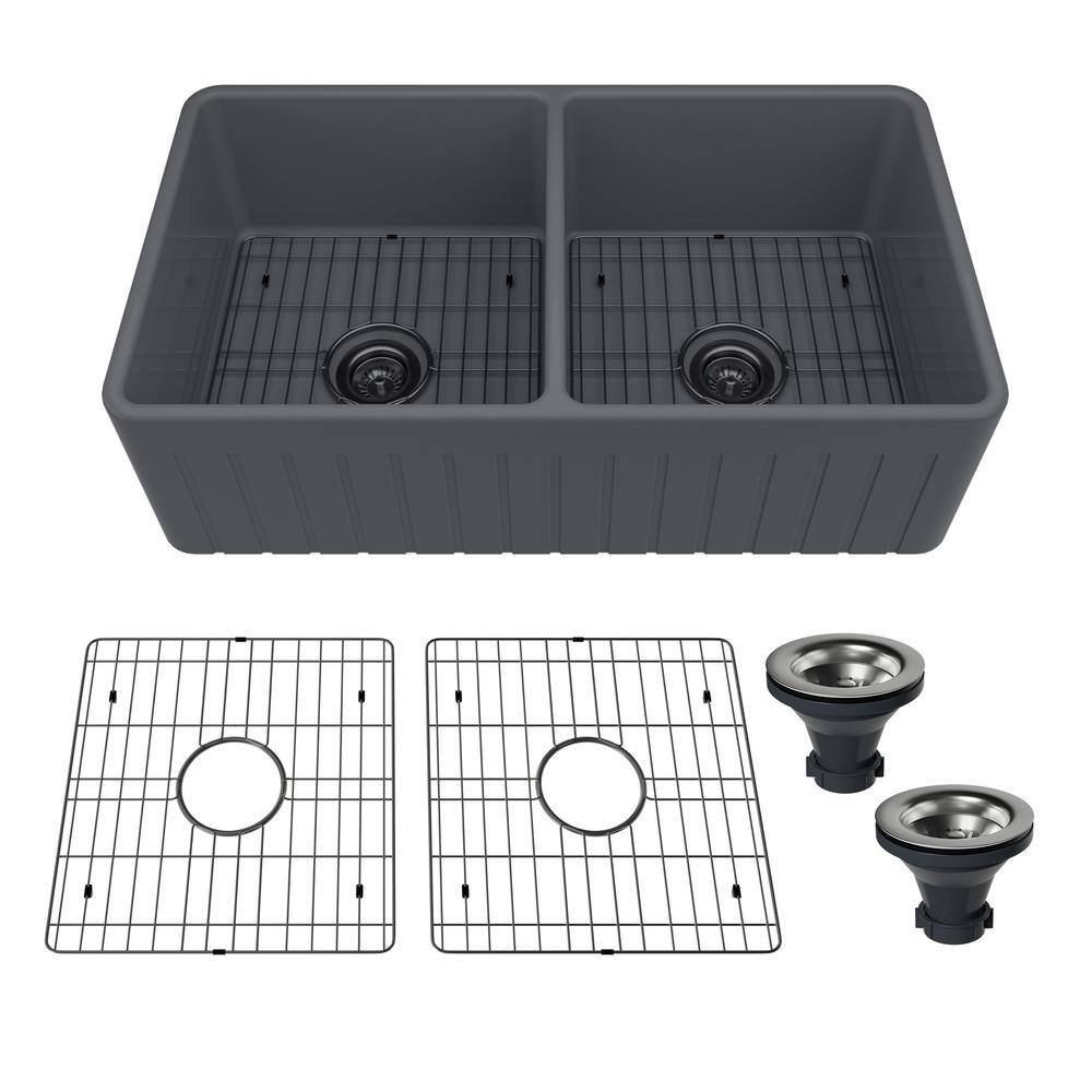 33" L x 18" W Double Bowl Fireclay Farmhouse Kitchen Sink with Sink Grid