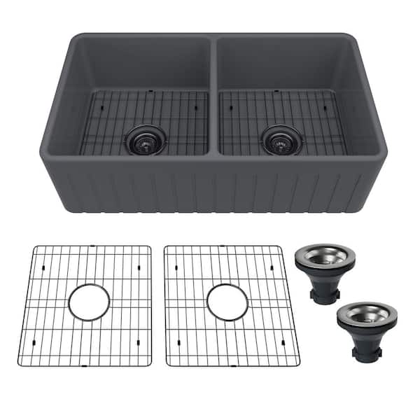 33 in. Farmhouse/Apron-Front Double Bowl Stripes Reversible Installation Fireclay Kitchen Sink with Grids and Strainers